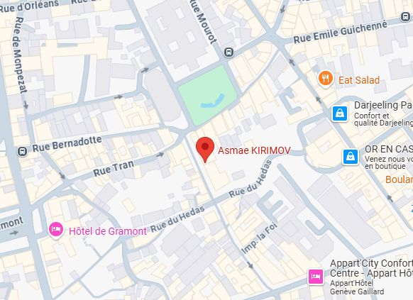 Carte locale centrée sur Asmae KIRIMOV, indiquant les rues Rue du Hedas, Bernadotte et les lieux Hôtels de Gramont, Eat Salad.